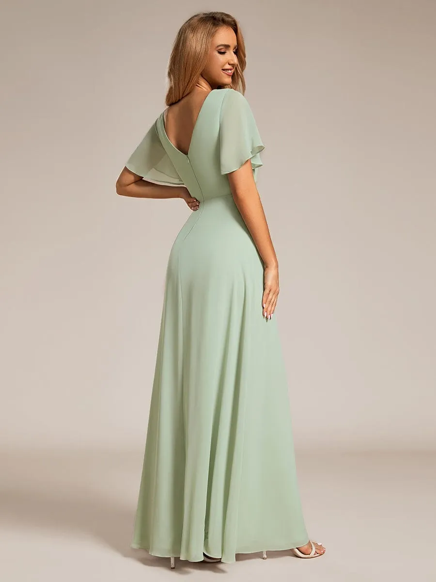 High Slit V-Neck Chiffon High Waist Bridesmaid Dress with Ruffle Sleeve