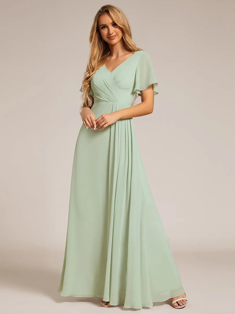 High Slit V-Neck Chiffon High Waist Bridesmaid Dress with Ruffle Sleeve