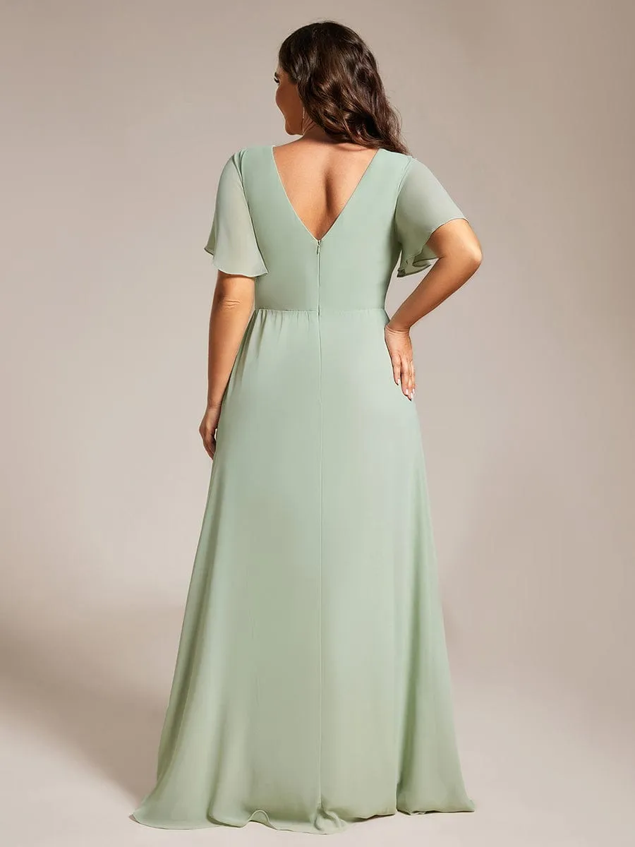 High Slit V-Neck Chiffon High Waist Bridesmaid Dress with Ruffle Sleeve