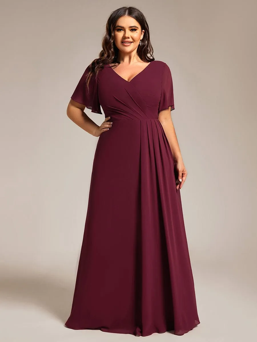 High Slit V-Neck Chiffon High Waist Bridesmaid Dress with Ruffle Sleeve