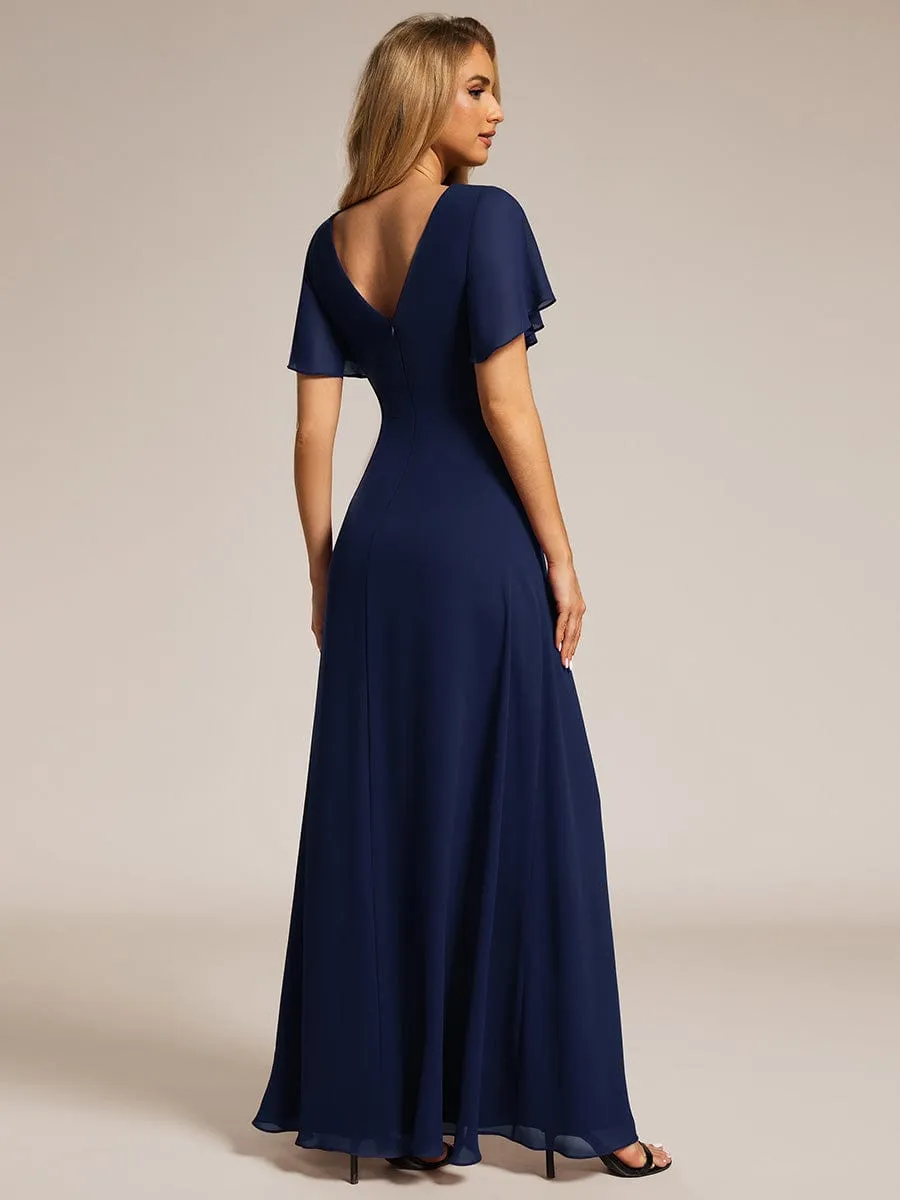 High Slit V-Neck Chiffon High Waist Bridesmaid Dress with Ruffle Sleeve