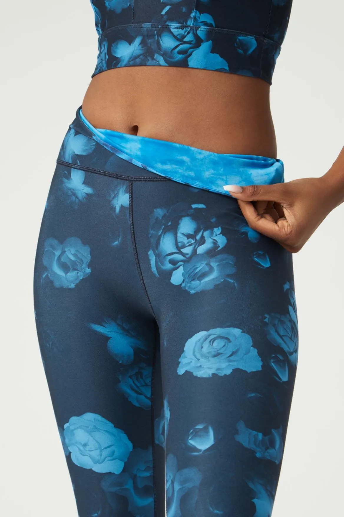 High Waist Reversible Legging Neon Blue Flowers