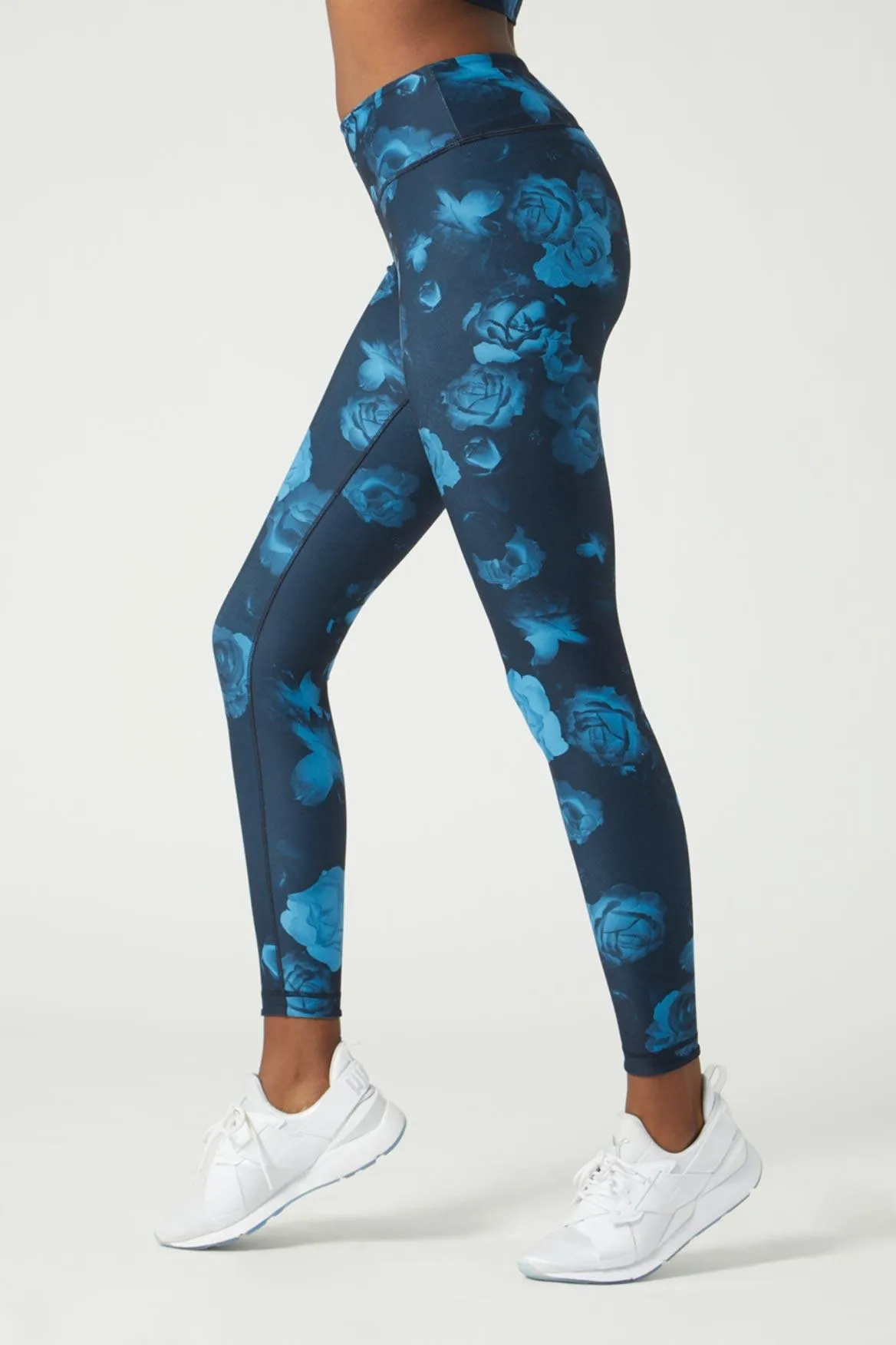 High Waist Reversible Legging Neon Blue Flowers