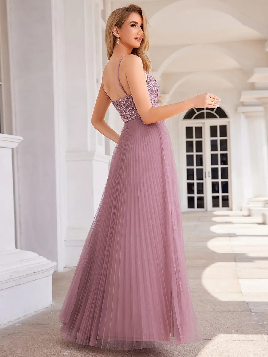 High-Waist V-Neck Sequined Bodice Sleeveless Backless Formal Evening Dress