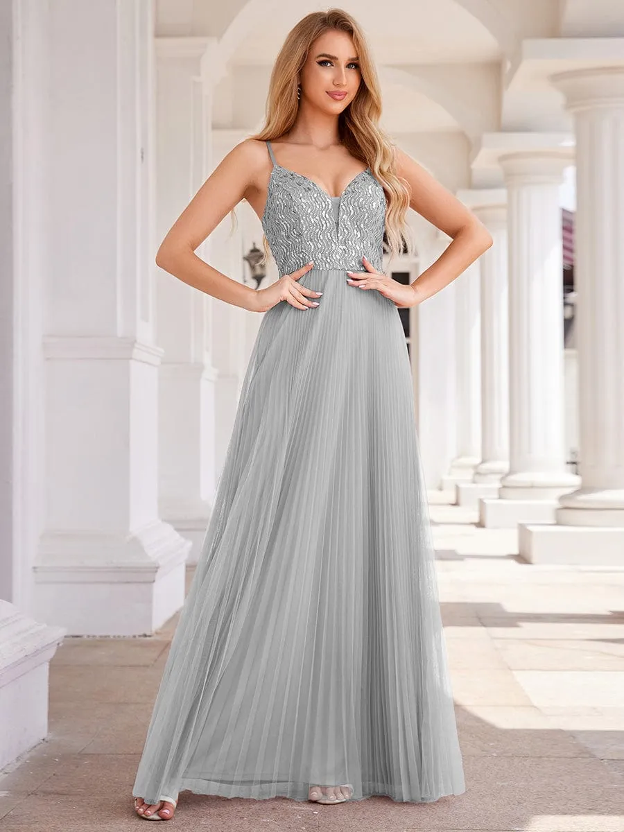 High-Waist V-Neck Sequined Bodice Sleeveless Backless Formal Evening Dress