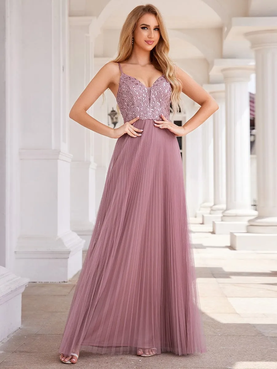 High-Waist V-Neck Sequined Bodice Sleeveless Backless Formal Evening Dress