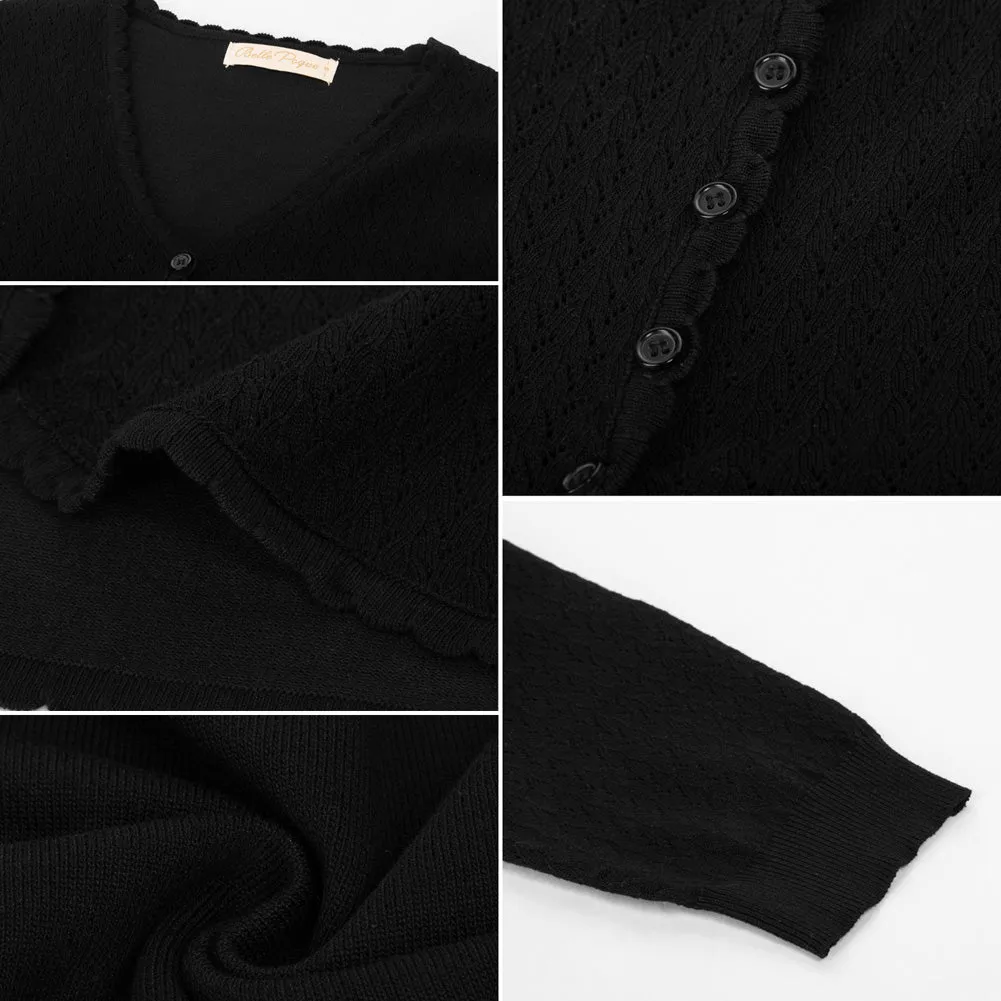 Hollowed-Out Cardigan 3/4 Sleeve V-Neck Button-up Cropped Knitwear