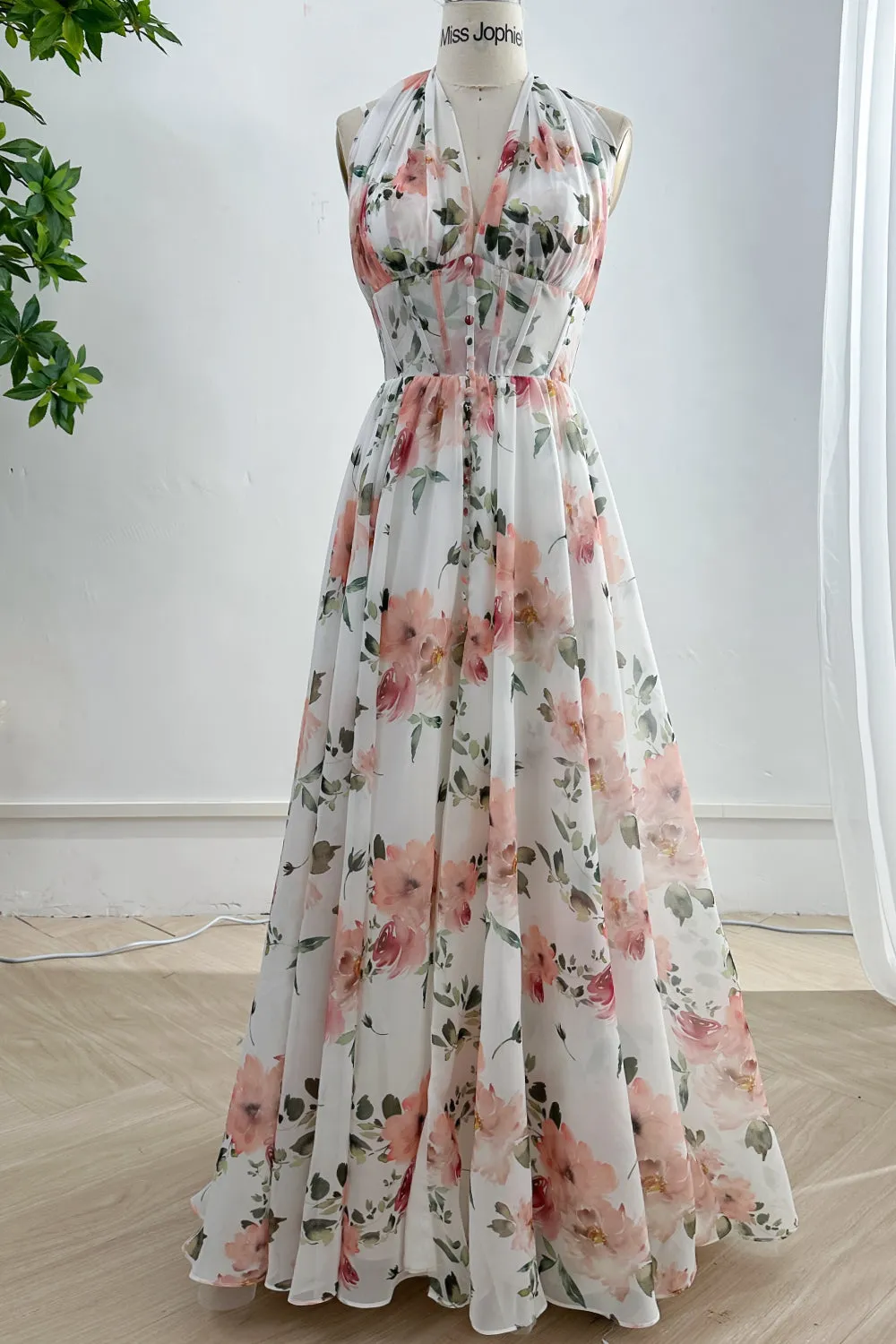 Infinity Corset V Neck Floral Print Chiffon Dress with Slit