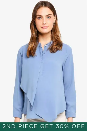 Long Sleeves Chrissy Mandarin Collar Nursing Top Grey Blue