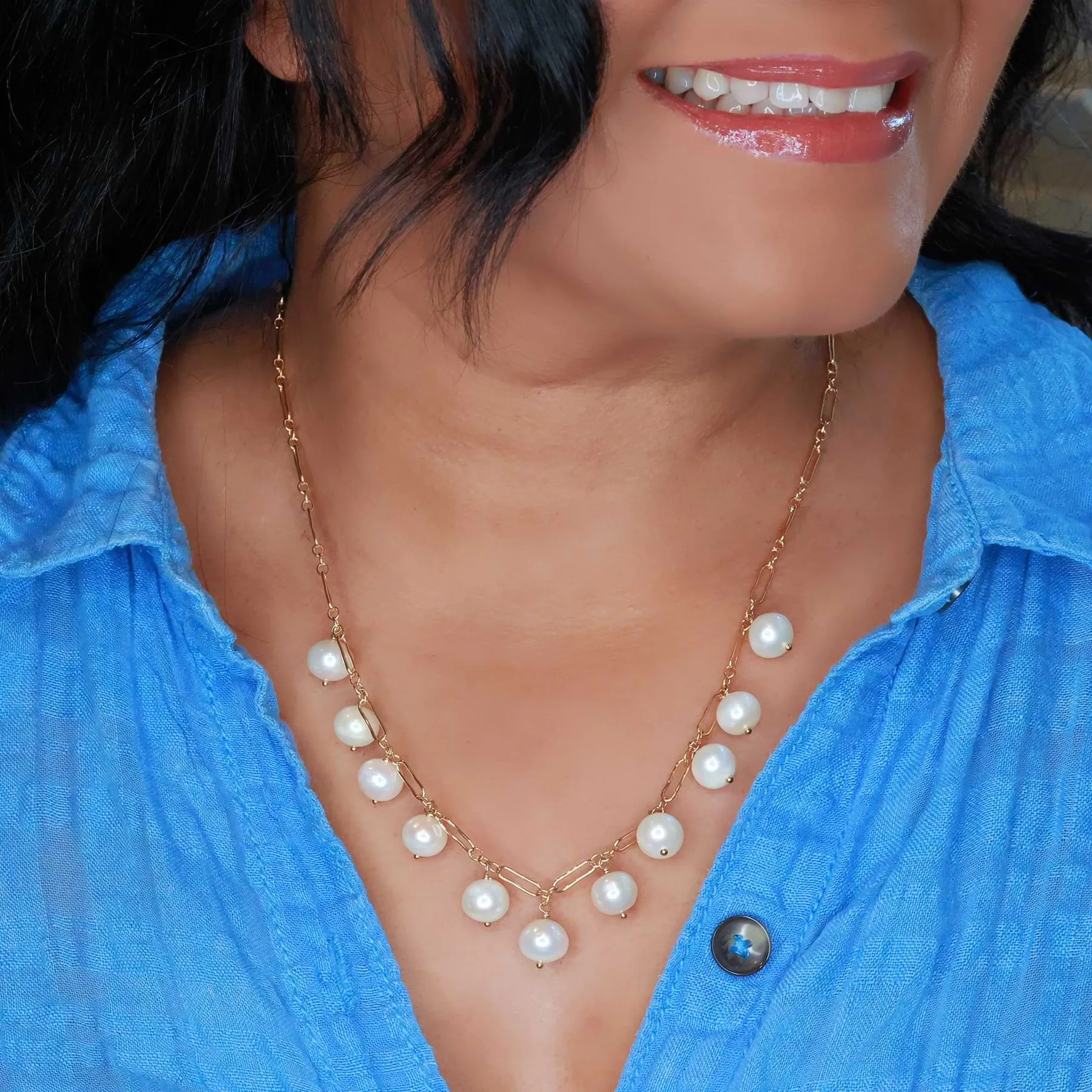 Maeve - Freshwater Pearl Gold Link Necklace