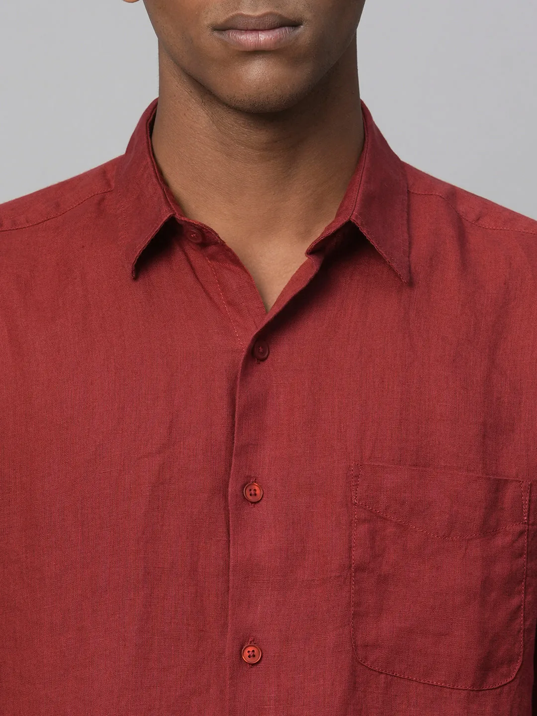 Men's 100% Linen Red Regular Fit Long Sleeved Shirt