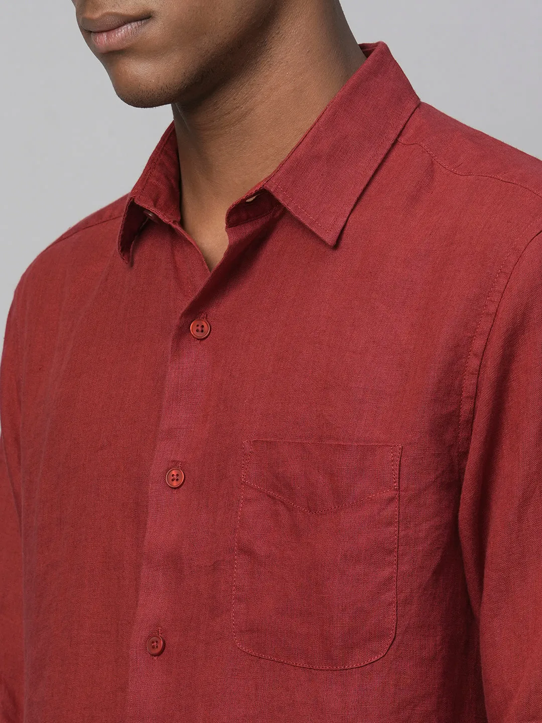 Men's 100% Linen Red Regular Fit Long Sleeved Shirt