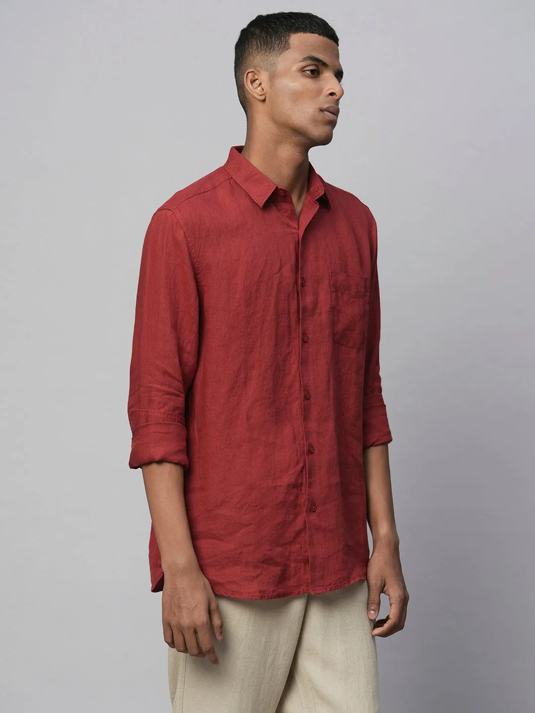 Men's 100% Linen Red Regular Fit Long Sleeved Shirt