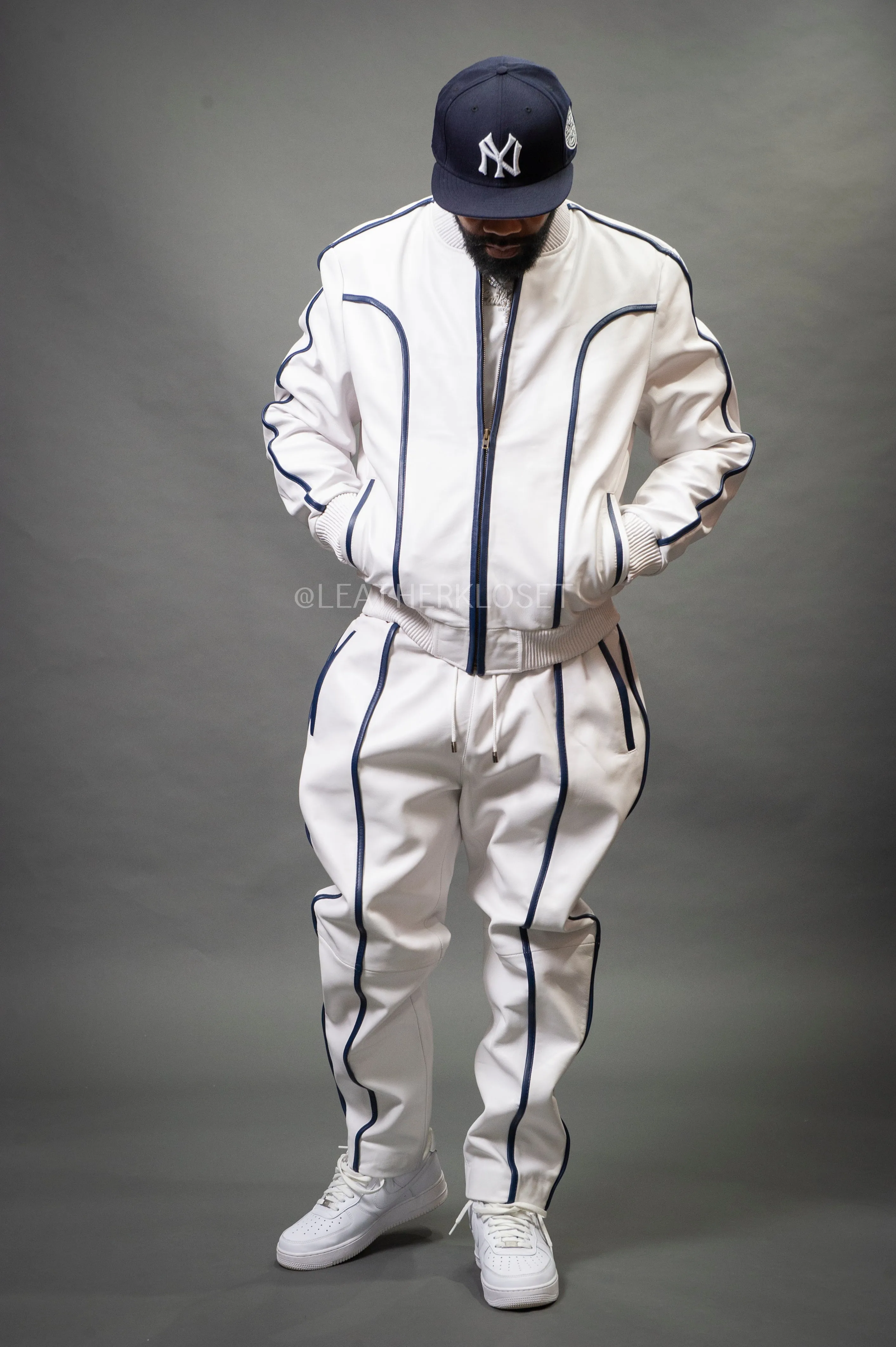 Men's Brayden Leather Track Suit Sweatsuit [White/Navy]