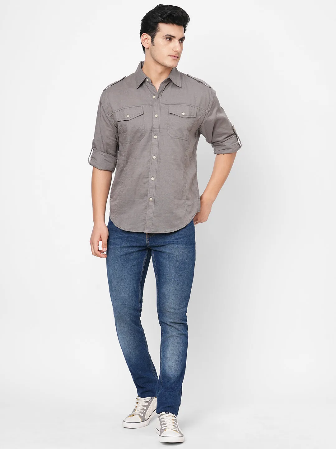 Men's Grey Linen Cotton Regular Fit Shirt