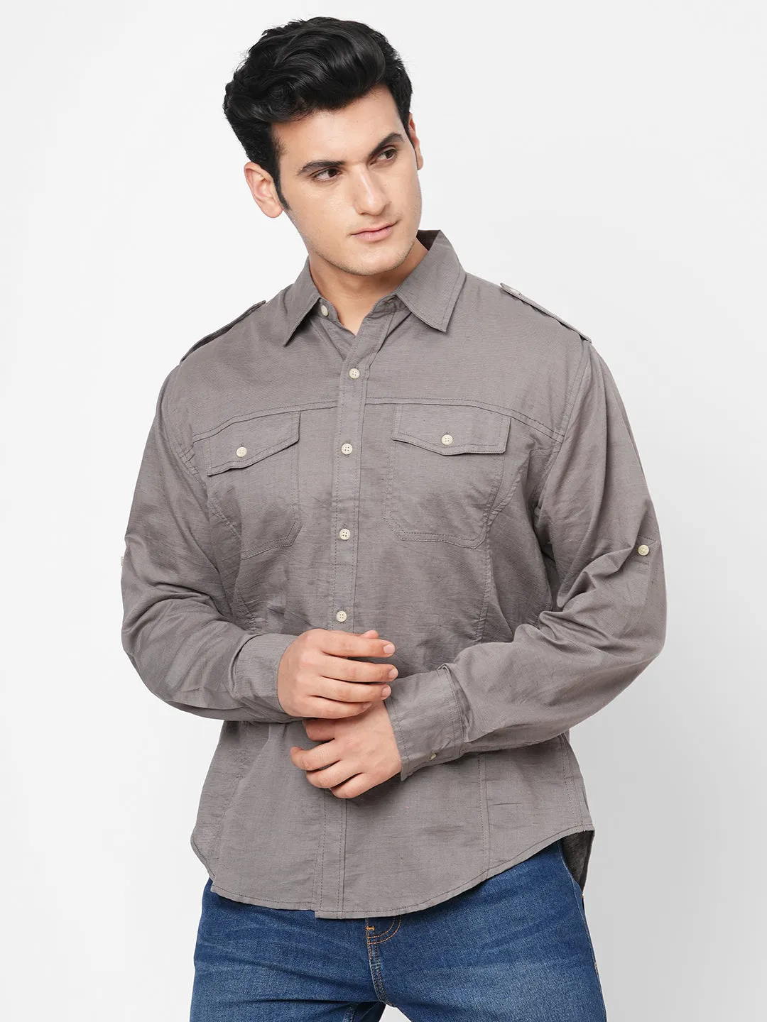 Men's Grey Linen Cotton Regular Fit Shirt