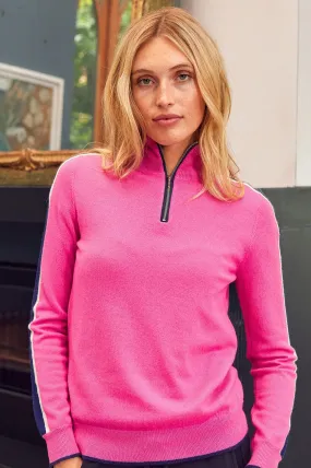 Merino Wool Overarm Stripe Quarter Zip Jumper | Pink/Navy/Cream