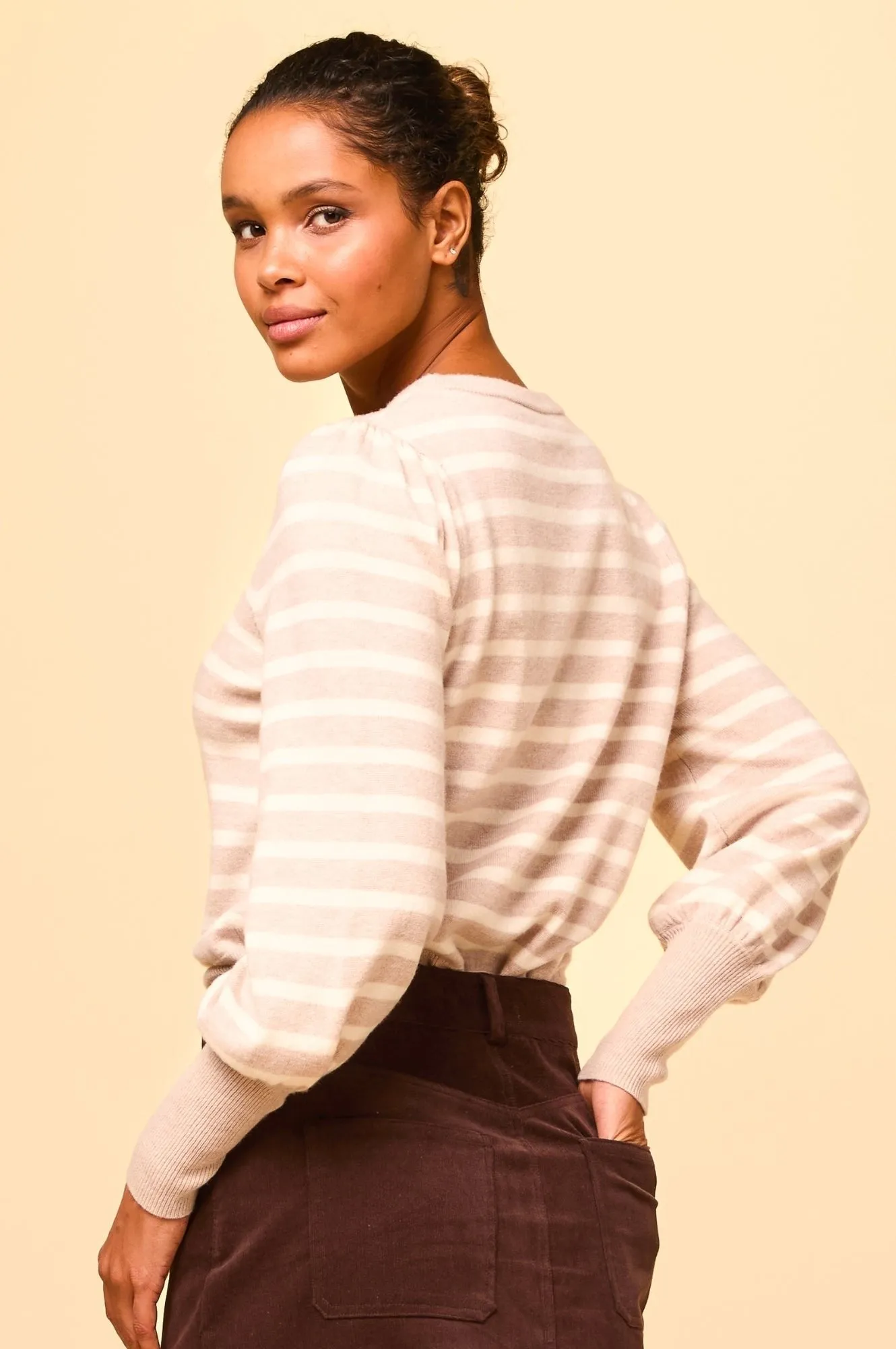 Merino Wool Stripe Crew Neck Jumper | Oat/Cream