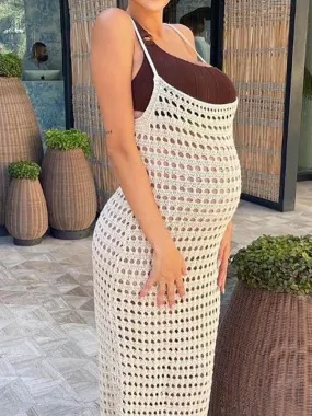 Momnfancy Summer Apricot Cut Out Knitting Sheer Beach Photoshoot Maternity Maxi Dress