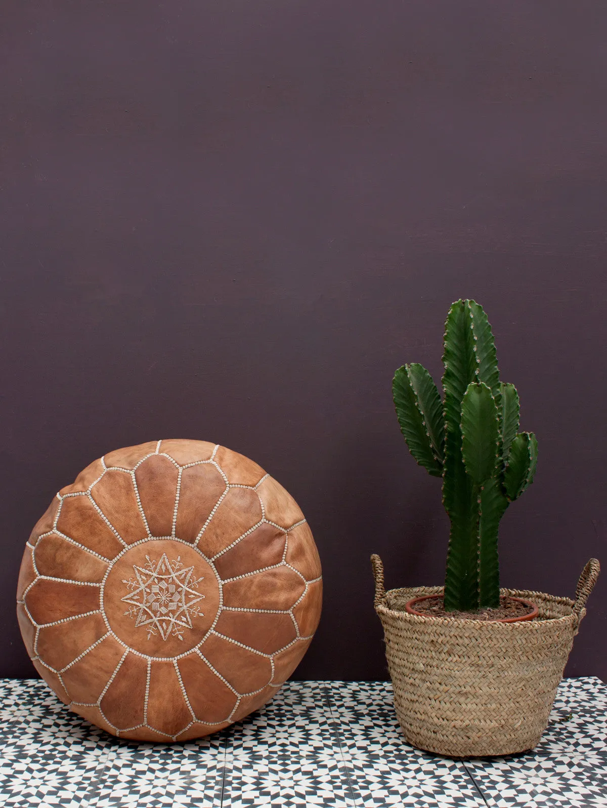 Moroccan Leather Pouffe, Tan