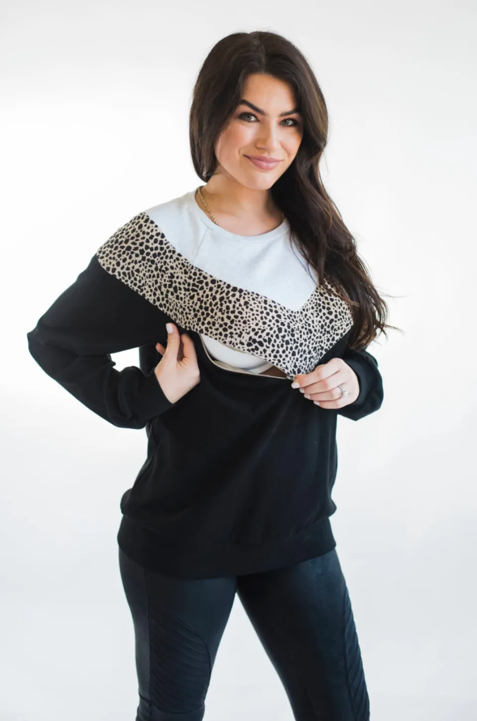 Oversized Chevron Nursing Sweatshirt- Cheetah Black/Cream