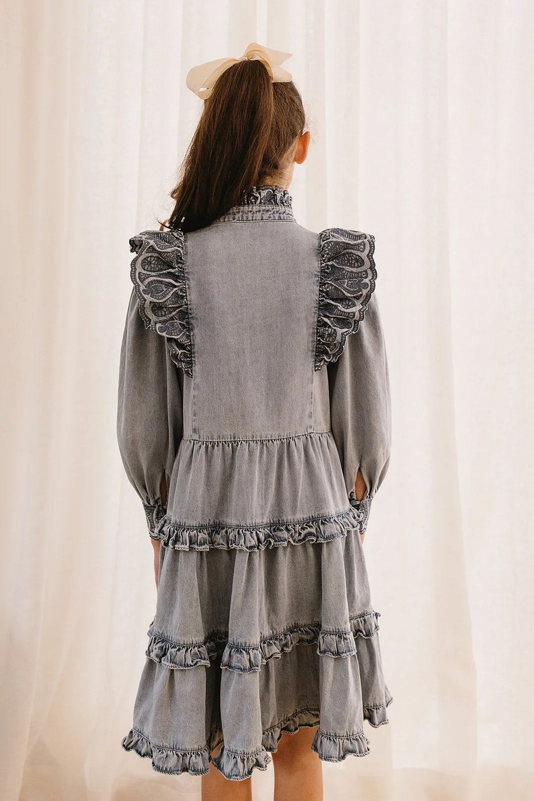 PETITE AMALIE Soleil Embroidered Chambray Dress with Tiered Skirt