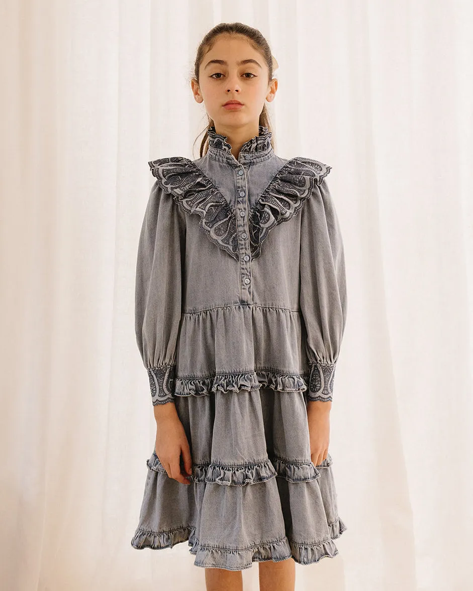 PETITE AMALIE Soleil Embroidered Chambray Dress with Tiered Skirt