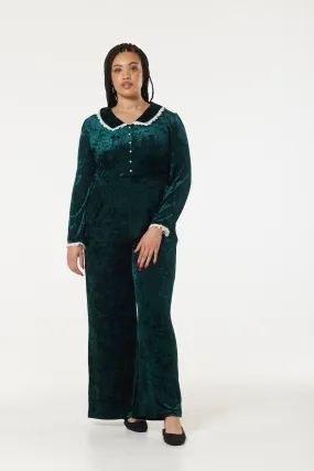 Pixie Festive Wide Leg Velvet Jumpsuit in Green