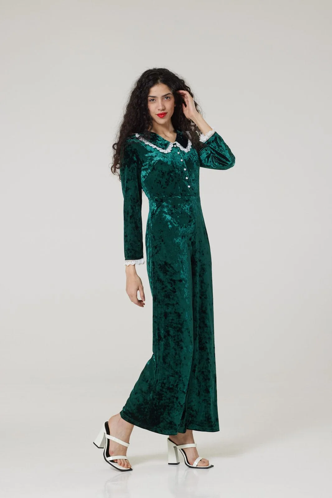 Pixie Festive Wide Leg Velvet Jumpsuit in Green