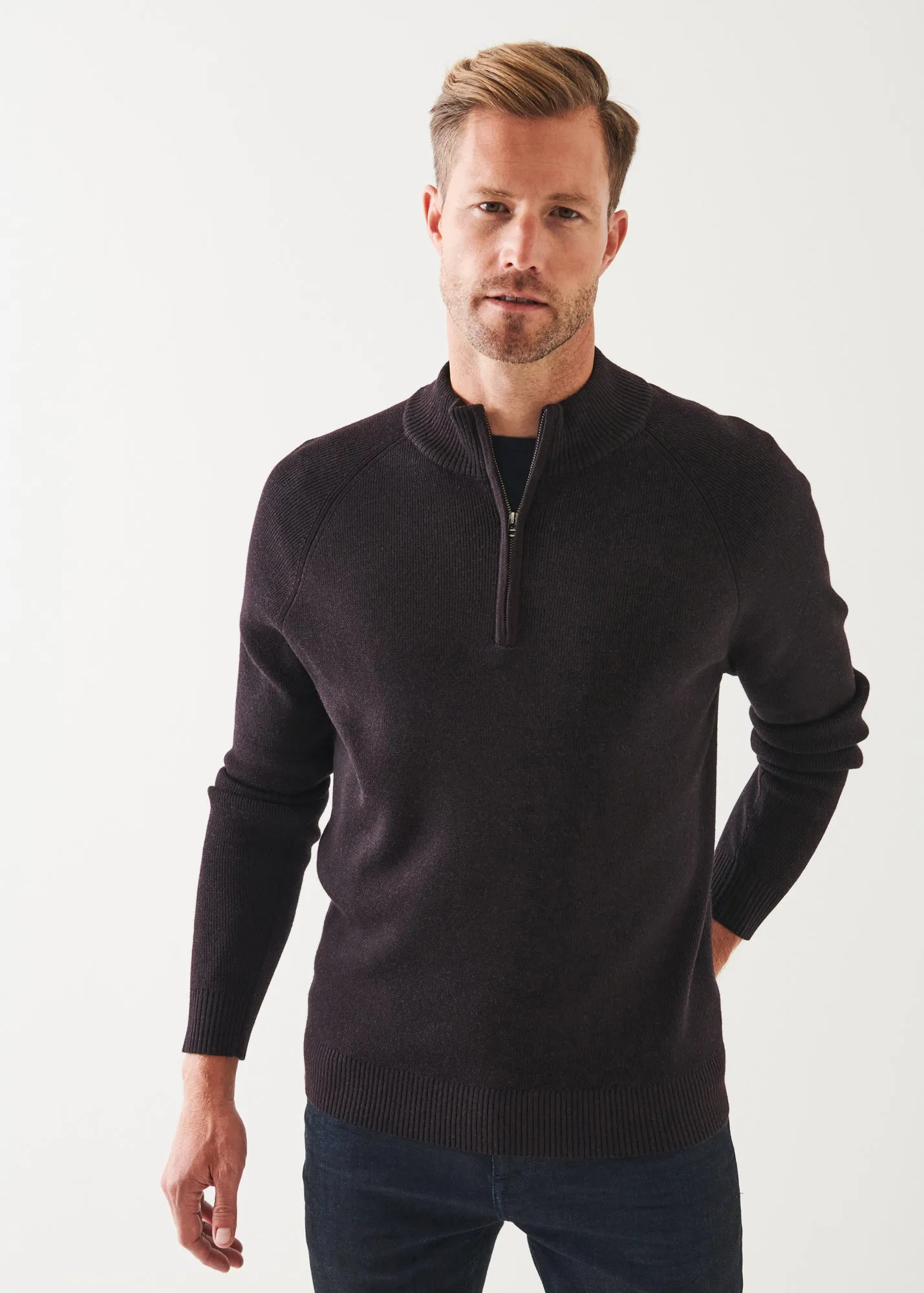 PLAITED RIBBED QUARTER-ZIP MOCK