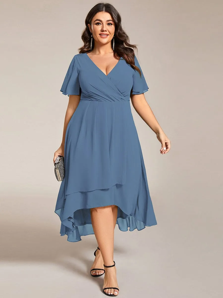 Plus Size Chiffon Short Sleeves Pleated V-Neck A-Line Midi Wedding Guest Dress