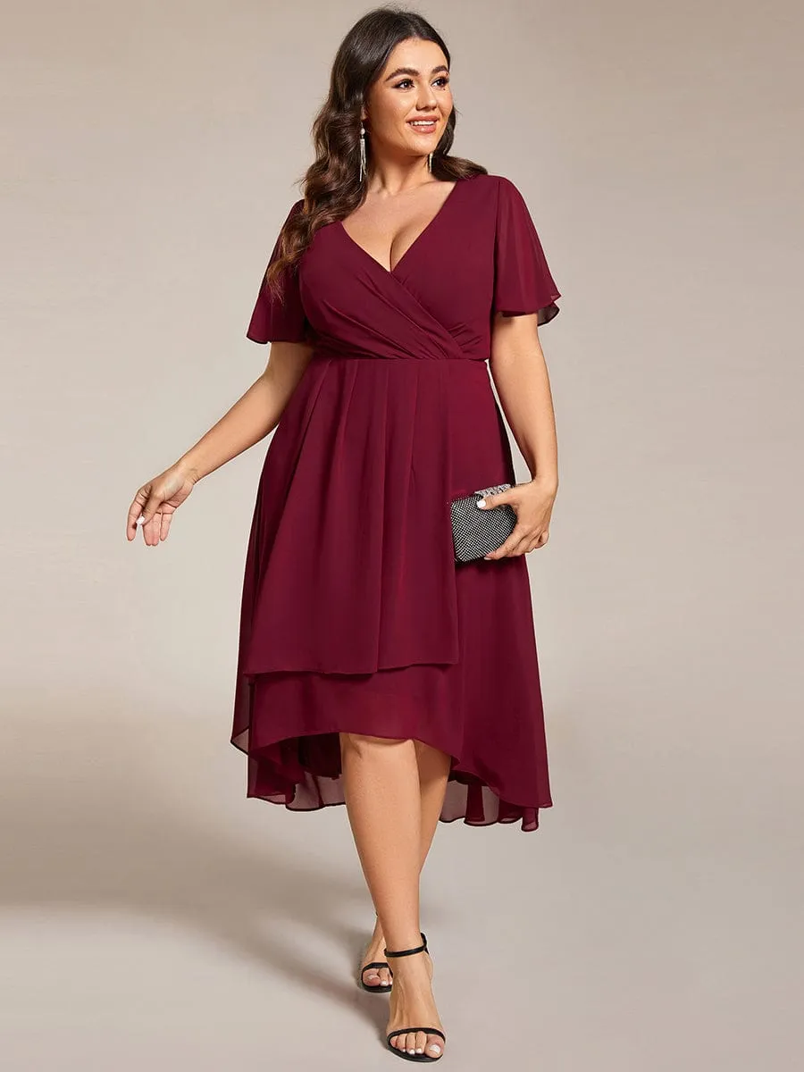 Plus Size Chiffon Short Sleeves Pleated V-Neck A-Line Midi Wedding Guest Dress