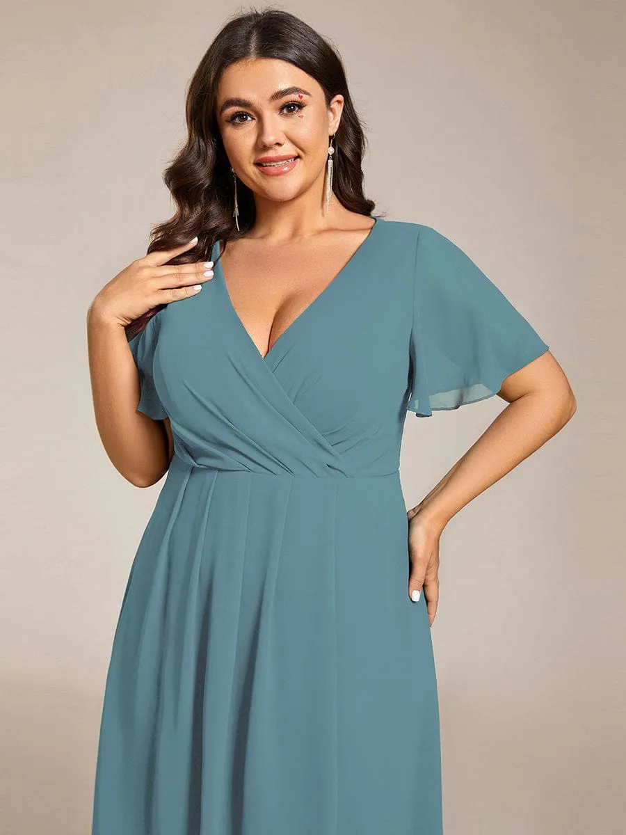 Plus Size Chiffon Short Sleeves Pleated V-Neck A-Line Midi Wedding Guest Dress