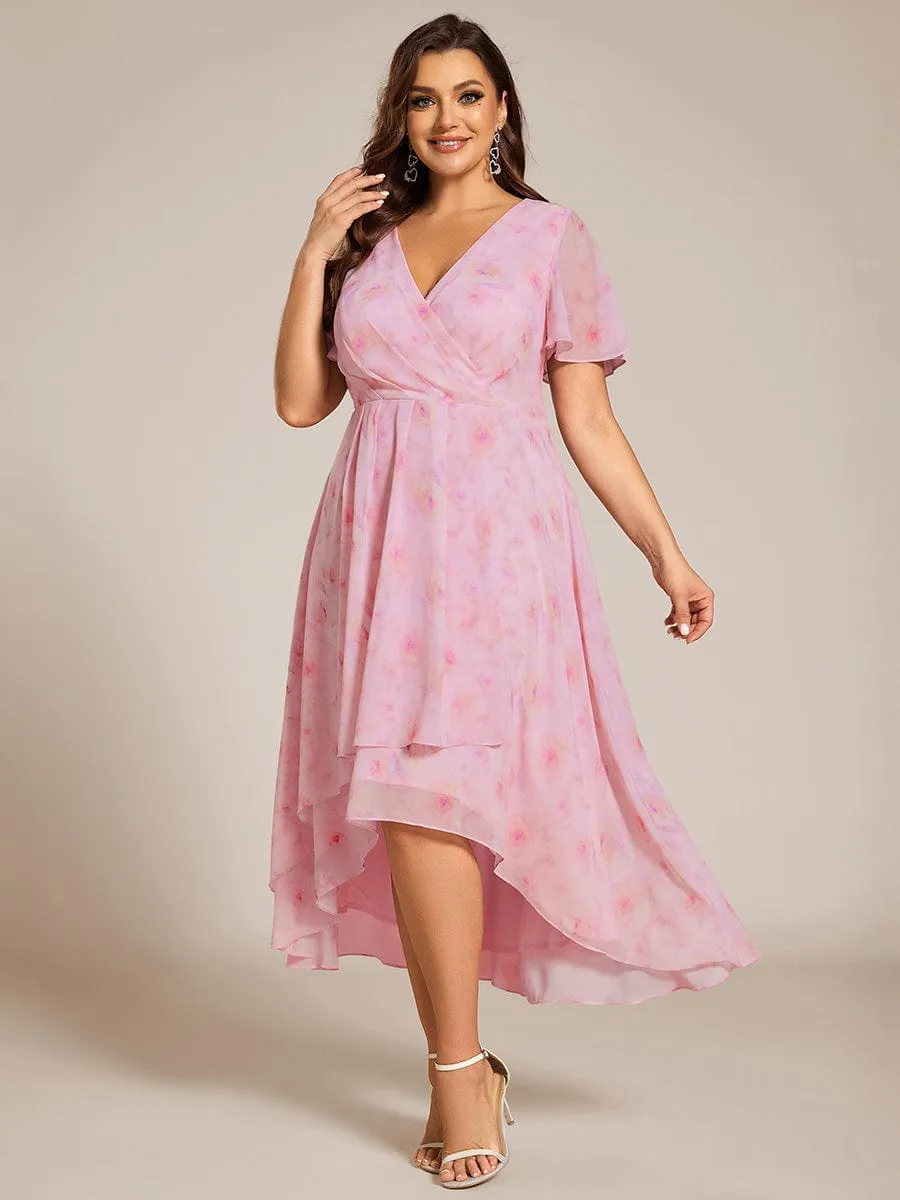 Plus Size Chiffon Short Sleeves Pleated V-Neck A-Line Midi Wedding Guest Dress