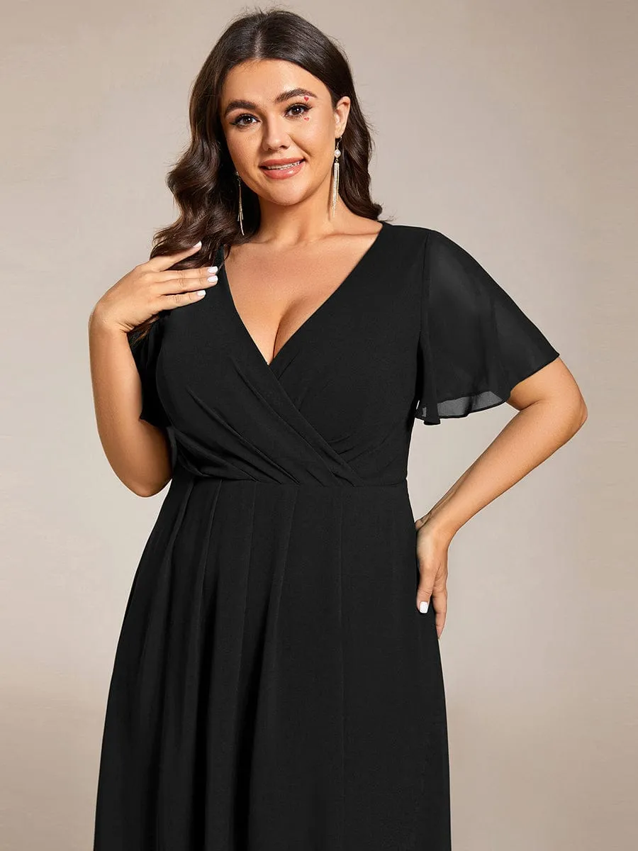 Plus Size Chiffon Short Sleeves Pleated V-Neck A-Line Midi Wedding Guest Dress