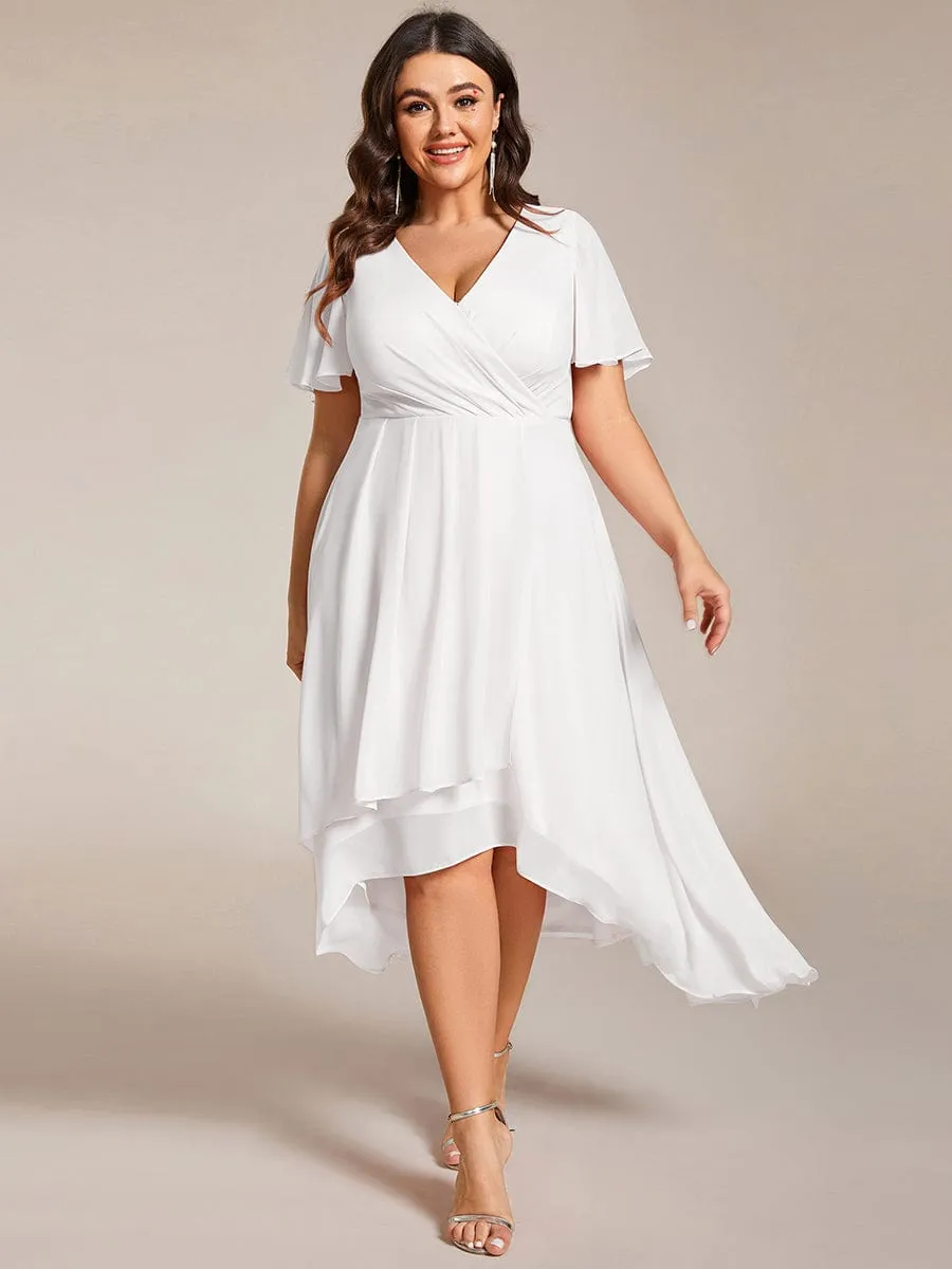 Plus Size Chiffon Short Sleeves Pleated V-Neck A-Line Midi Wedding Guest Dress