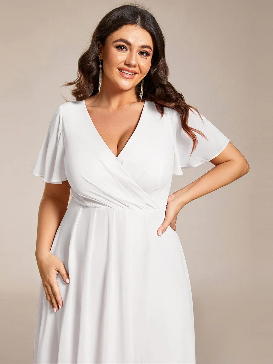 Plus Size Chiffon Short Sleeves Pleated V-Neck A-Line Midi Wedding Guest Dress