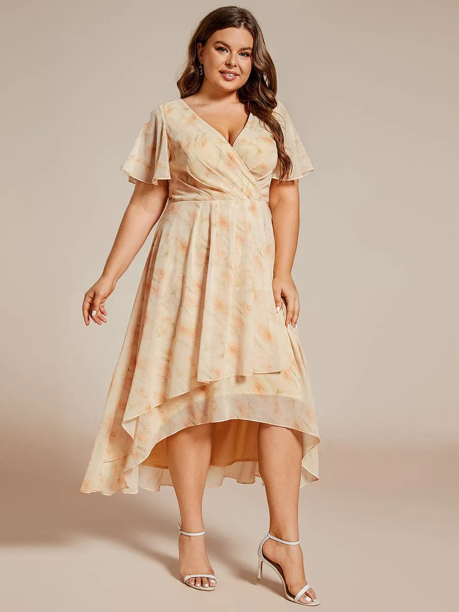 Plus Size Chiffon Short Sleeves Pleated V-Neck A-Line Midi Wedding Guest Dress