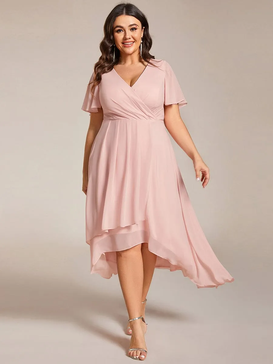 Plus Size Chiffon Short Sleeves Pleated V-Neck A-Line Midi Wedding Guest Dress