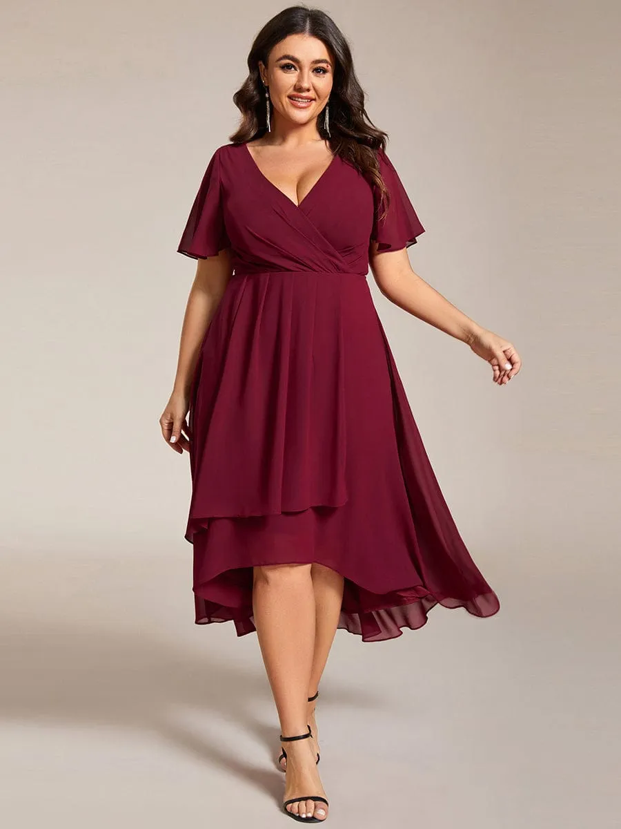 Plus Size Chiffon Short Sleeves Pleated V-Neck A-Line Midi Wedding Guest Dress