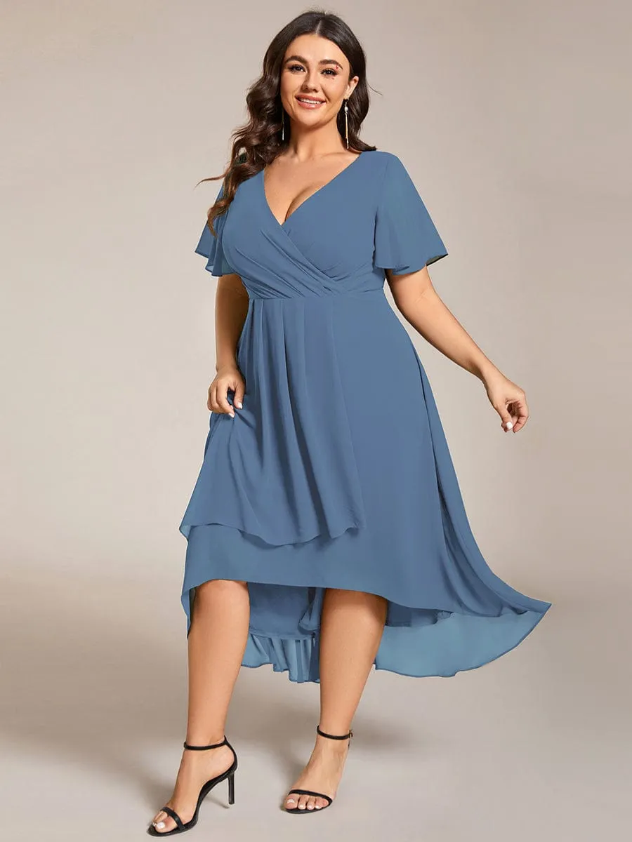 Plus Size Chiffon Short Sleeves Pleated V-Neck A-Line Midi Wedding Guest Dress