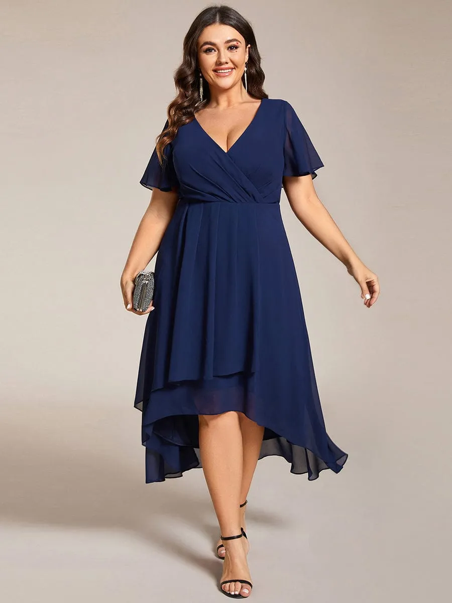 Plus Size Chiffon Short Sleeves Pleated V-Neck A-Line Midi Wedding Guest Dress