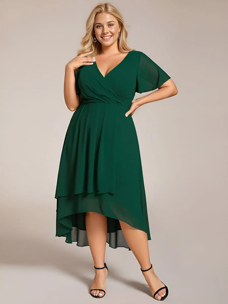 Plus Size Chiffon Short Sleeves Pleated V-Neck A-Line Midi Wedding Guest Dress