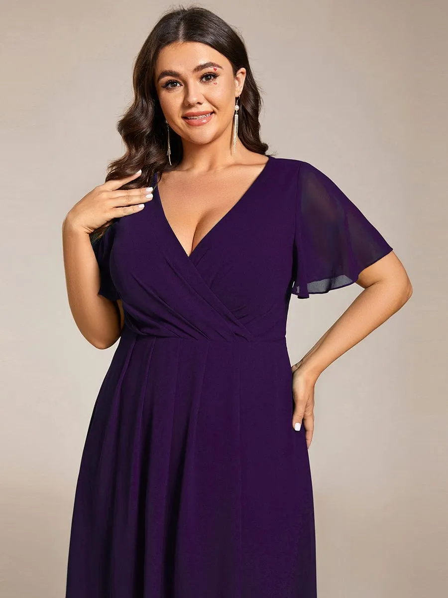 Plus Size Chiffon Short Sleeves Pleated V-Neck A-Line Midi Wedding Guest Dress