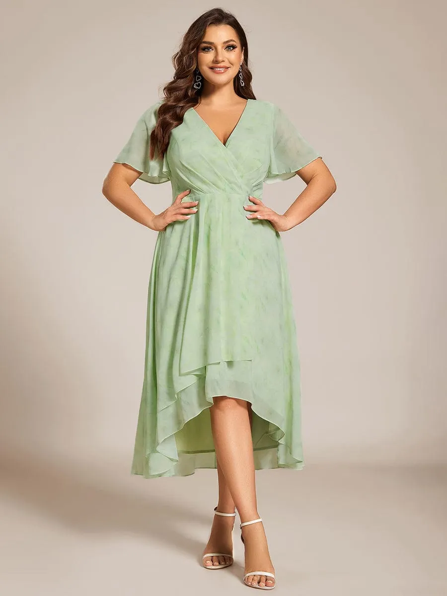 Plus Size Chiffon Short Sleeves Pleated V-Neck A-Line Midi Wedding Guest Dress