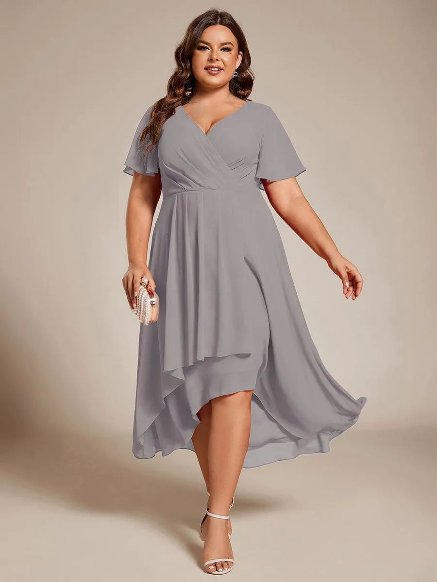 Plus Size Chiffon Short Sleeves Pleated V-Neck A-Line Midi Wedding Guest Dress