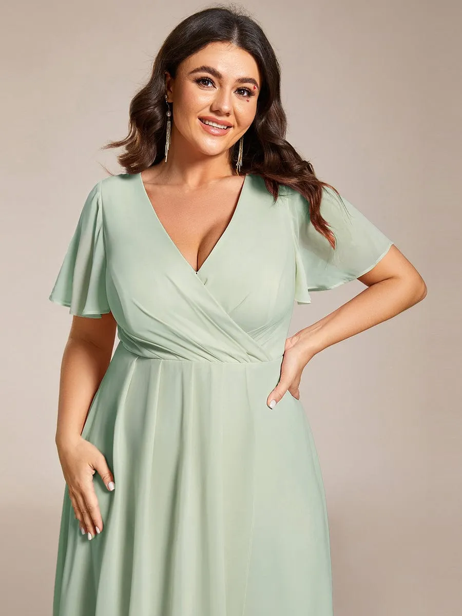 Plus Size Chiffon Short Sleeves Pleated V-Neck A-Line Midi Wedding Guest Dress