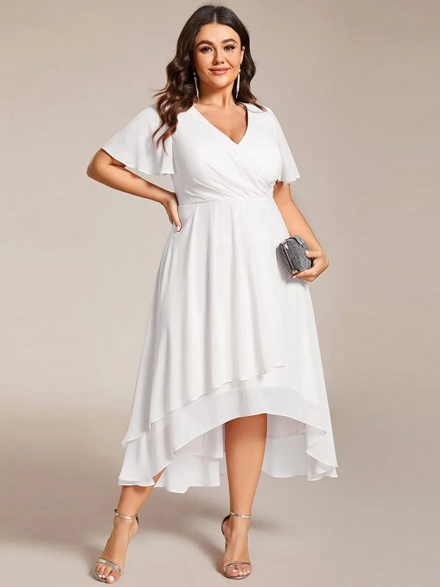 Plus Size Chiffon Short Sleeves Pleated V-Neck A-Line Midi Wedding Guest Dress