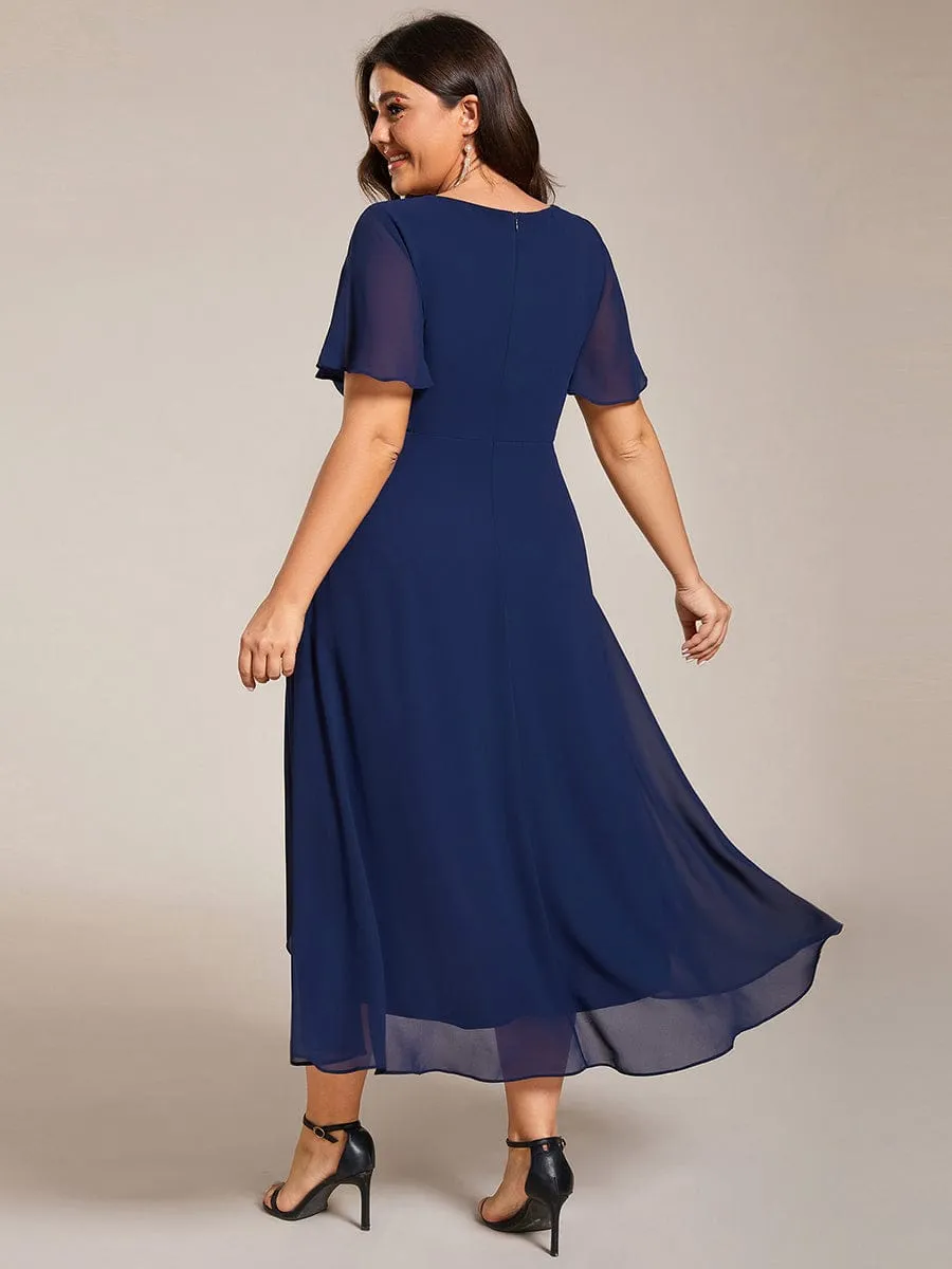 Plus Size Chiffon Short Sleeves Pleated V-Neck A-Line Midi Wedding Guest Dress