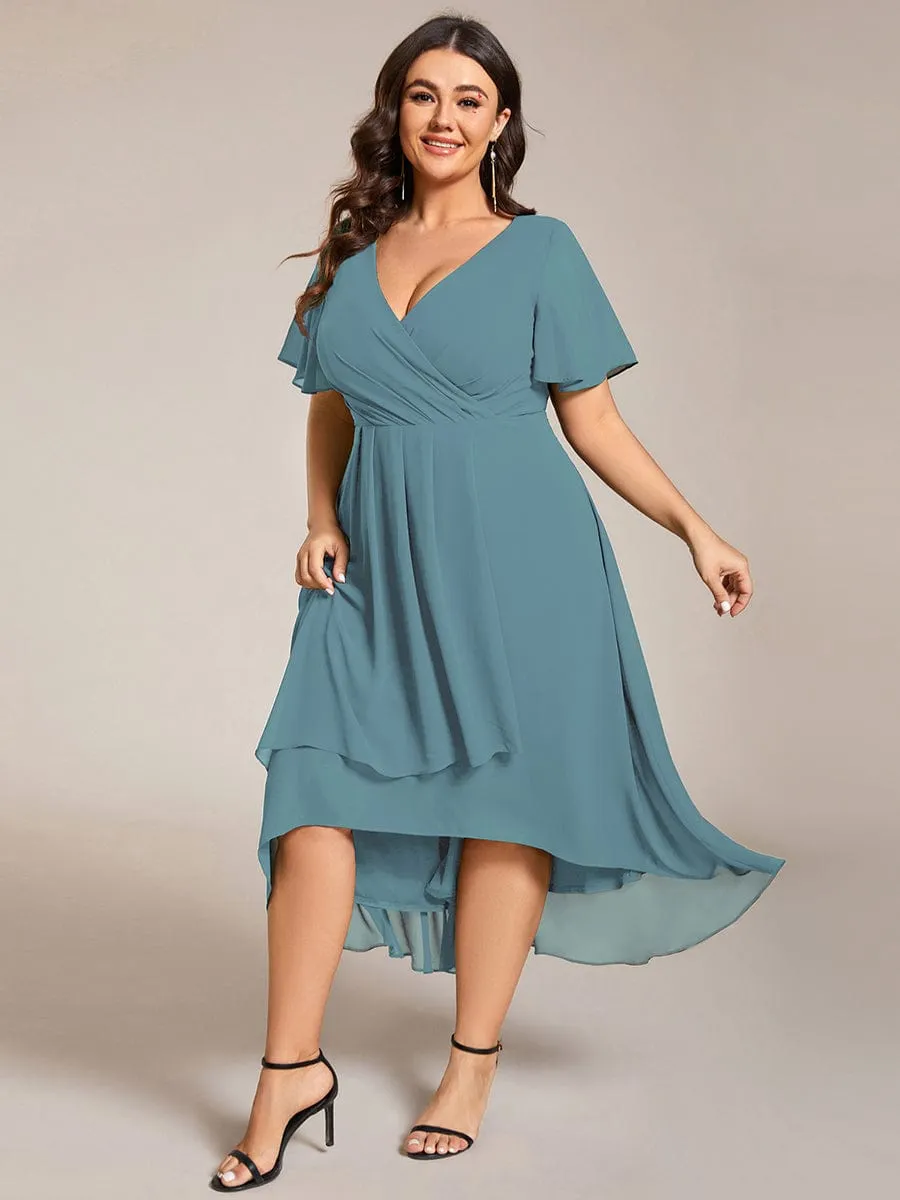 Plus Size Chiffon Short Sleeves Pleated V-Neck A-Line Midi Wedding Guest Dress